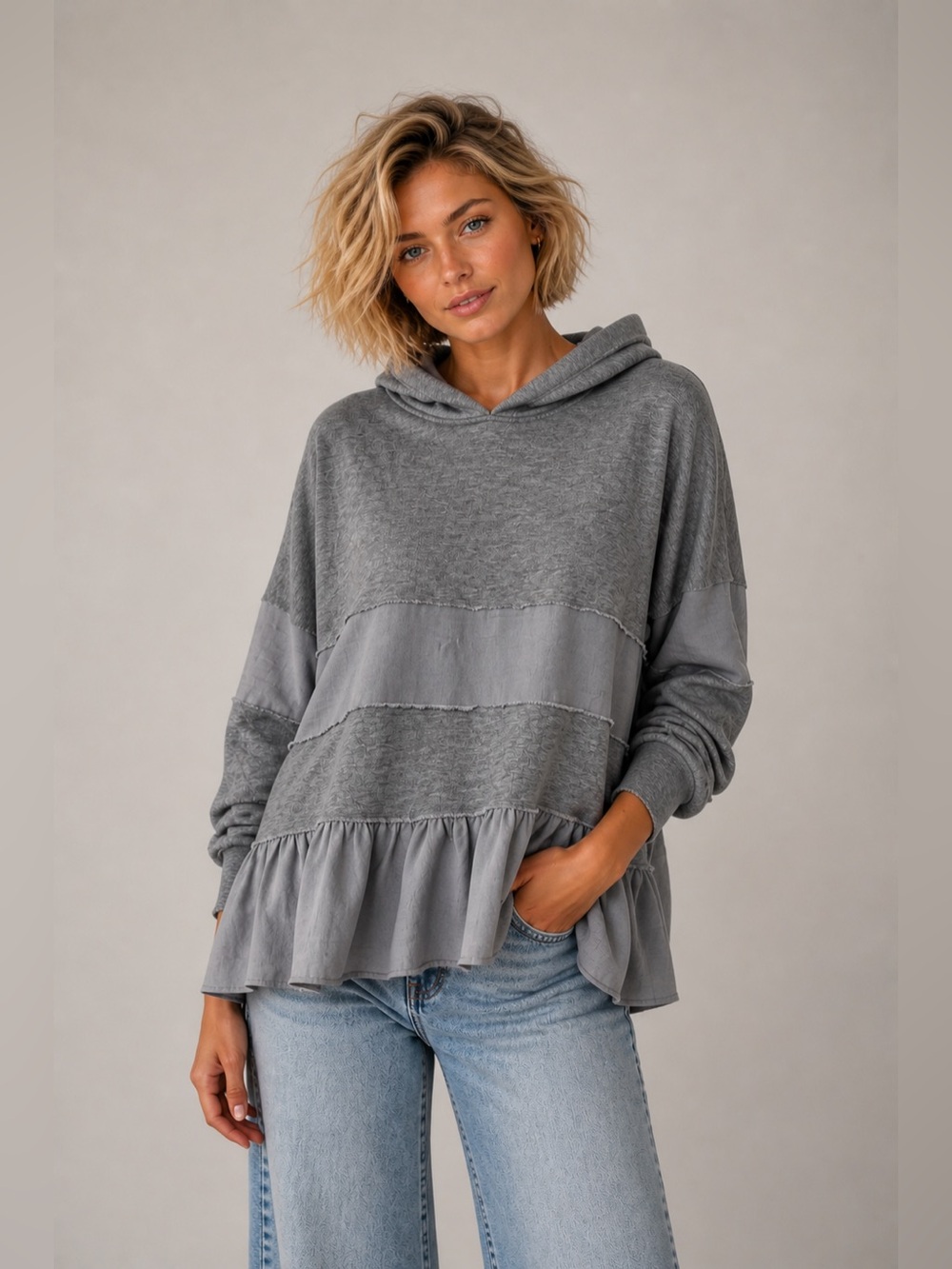 Gray Ruffled Hem Hoodie